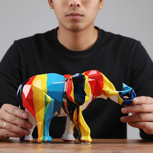 Sculpture éléphant splash color résine — vue échelle avec les mains, décoration salon contemporaine