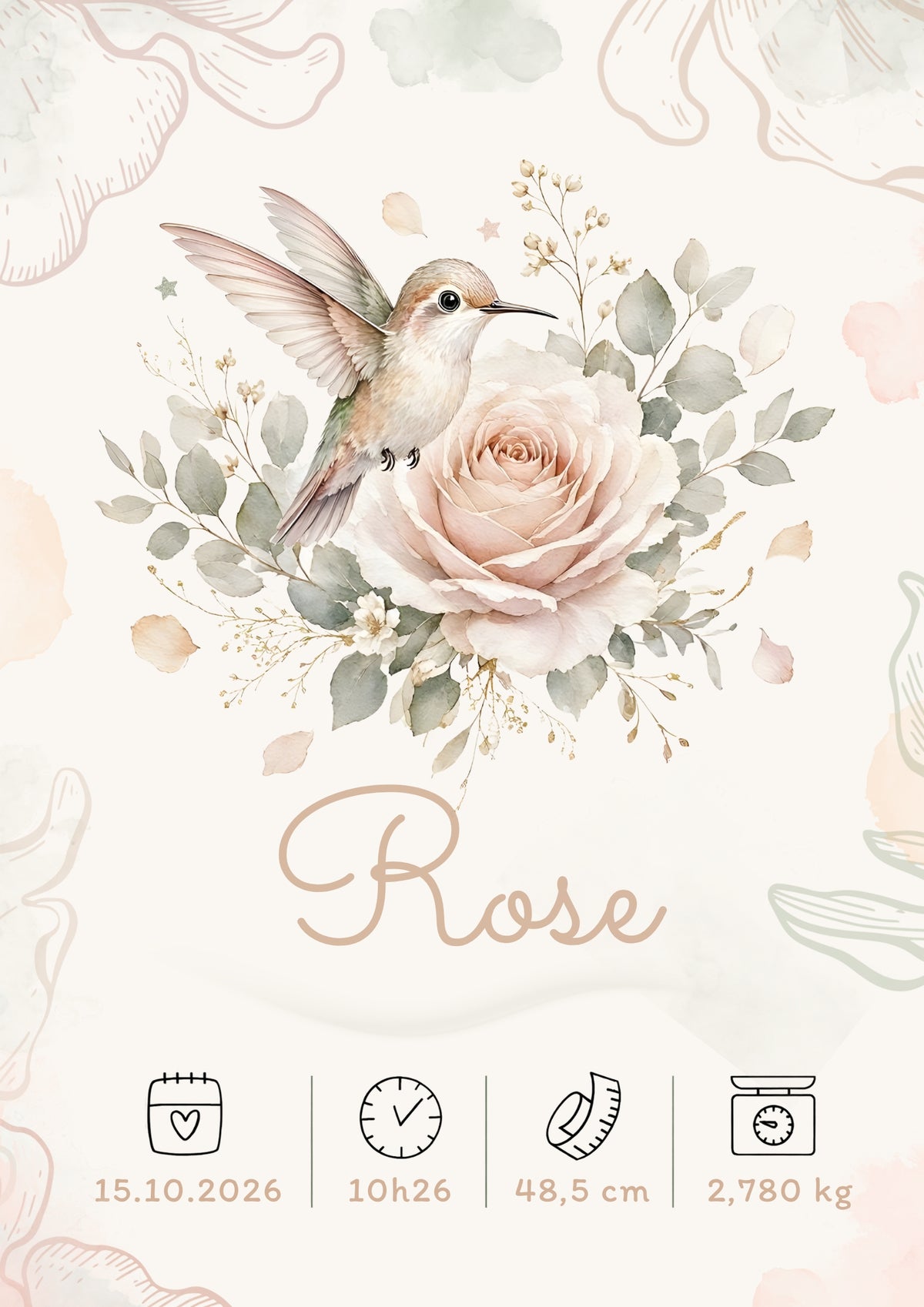 Affiche de naissance personnalisée Rose – Colibri et rose