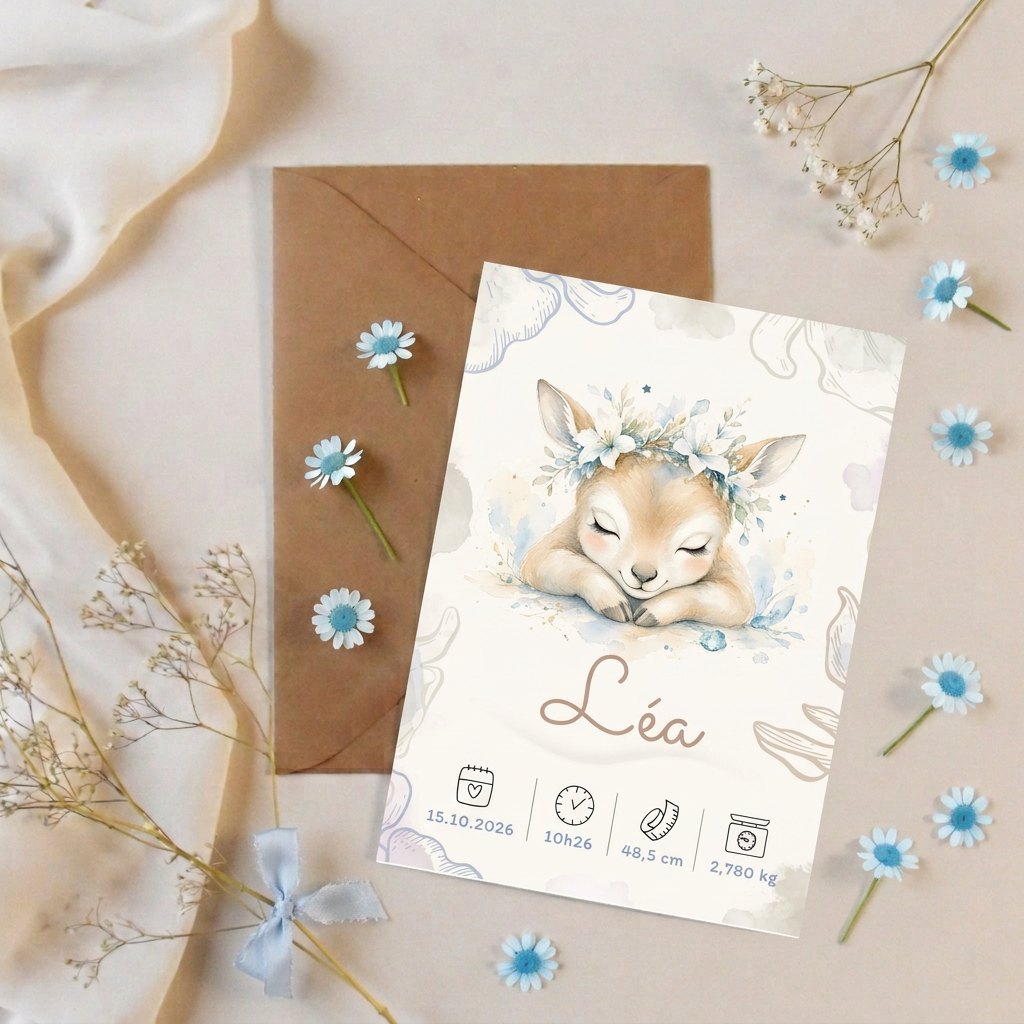 Affiche Léa sur une enveloppe kraft, entourée de fleurs blanches et bleu clair