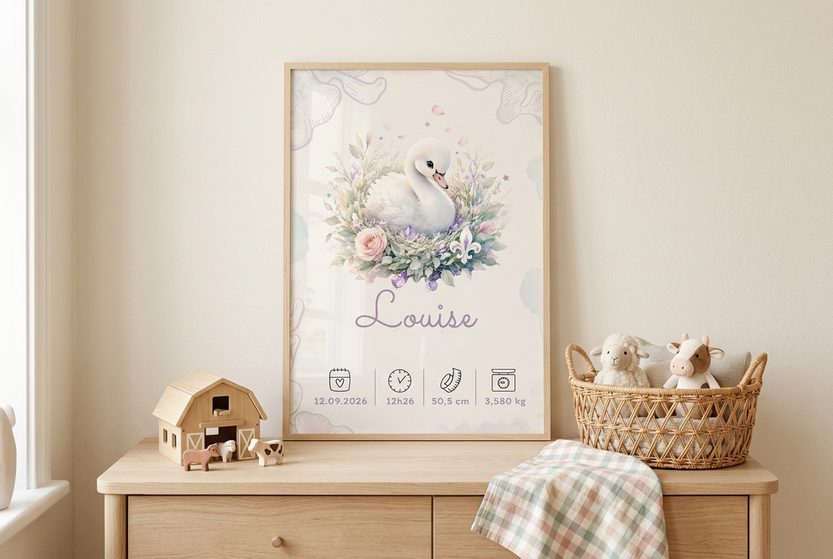 Affiche Louise encadrée en bois clair dans une chambre sur le thème de la ferme