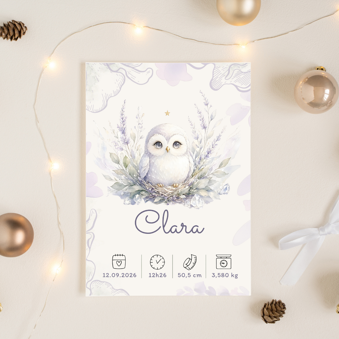 Affiche de naissance Clara personnalisée – Hibou et lavande