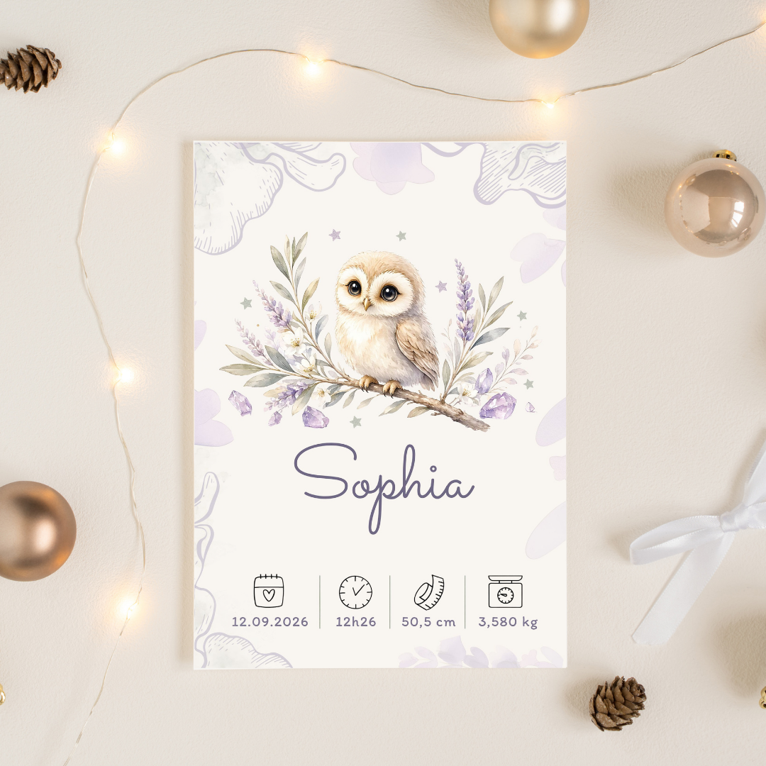 Affiche de naissance Sophia personnalisée – Hibou, fichier numérique