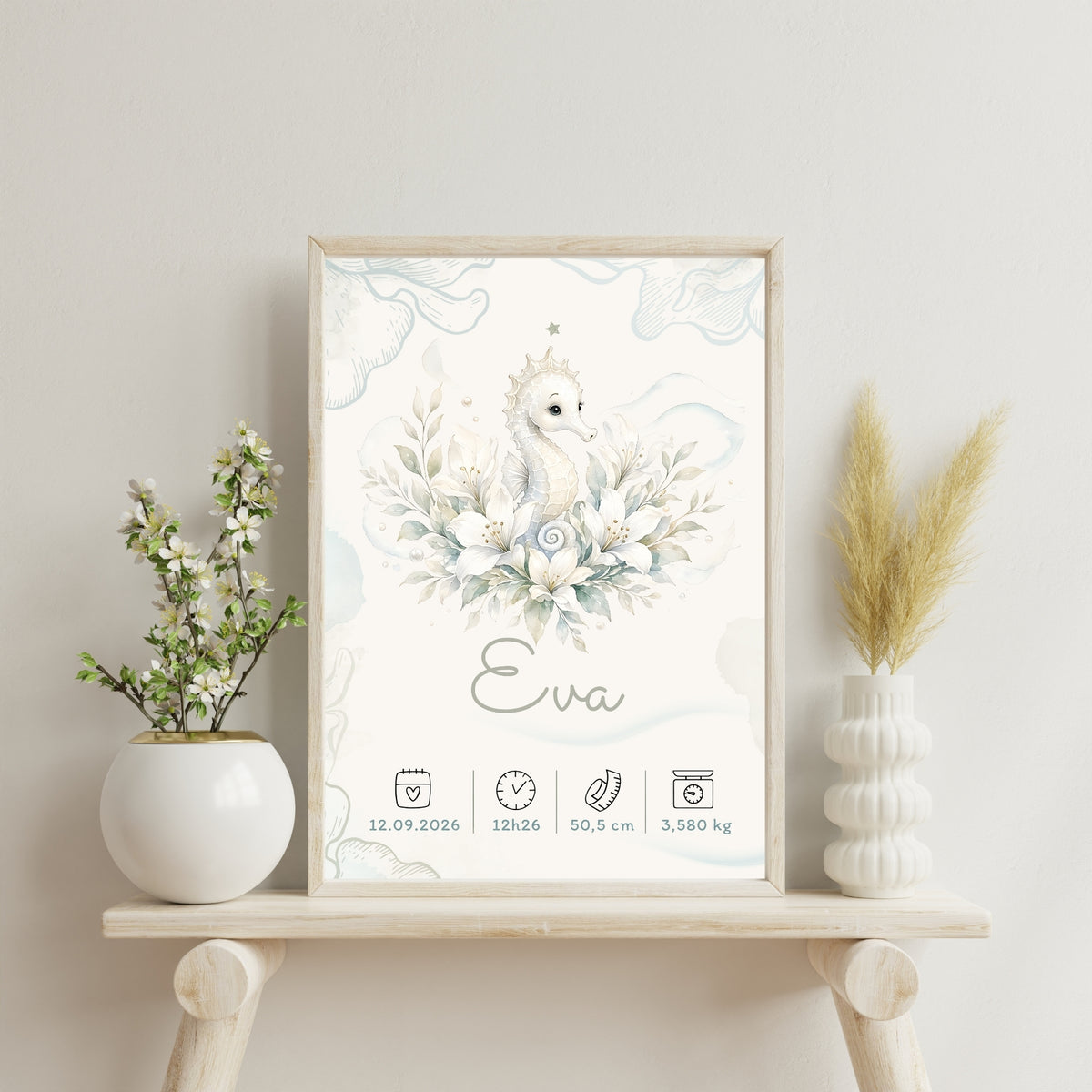 Affiche de naissance Eva personnalisée – Hippocampe, fichier numérique