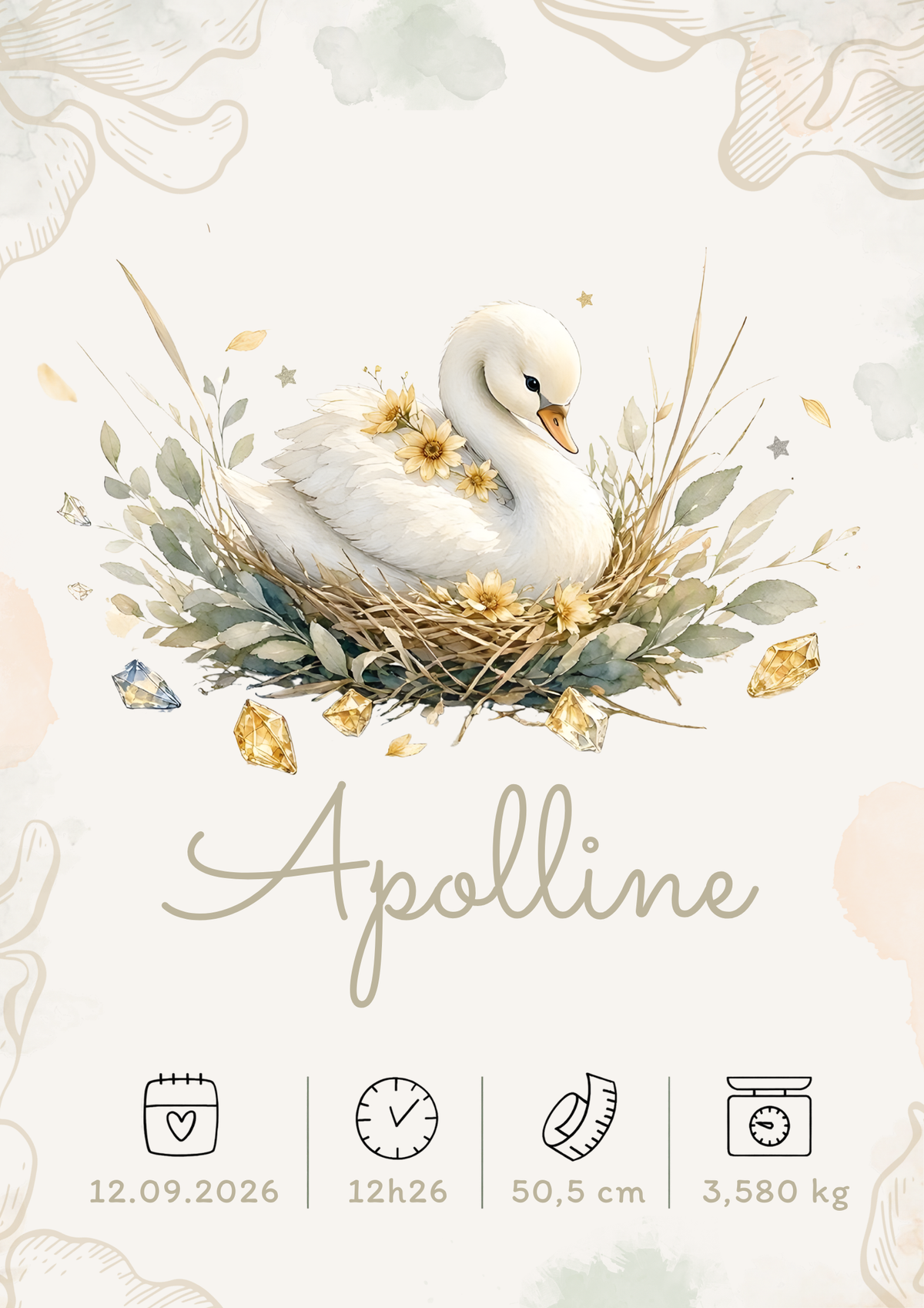 Affiche de naissance personnalisée Apolline – Cygne fleuri