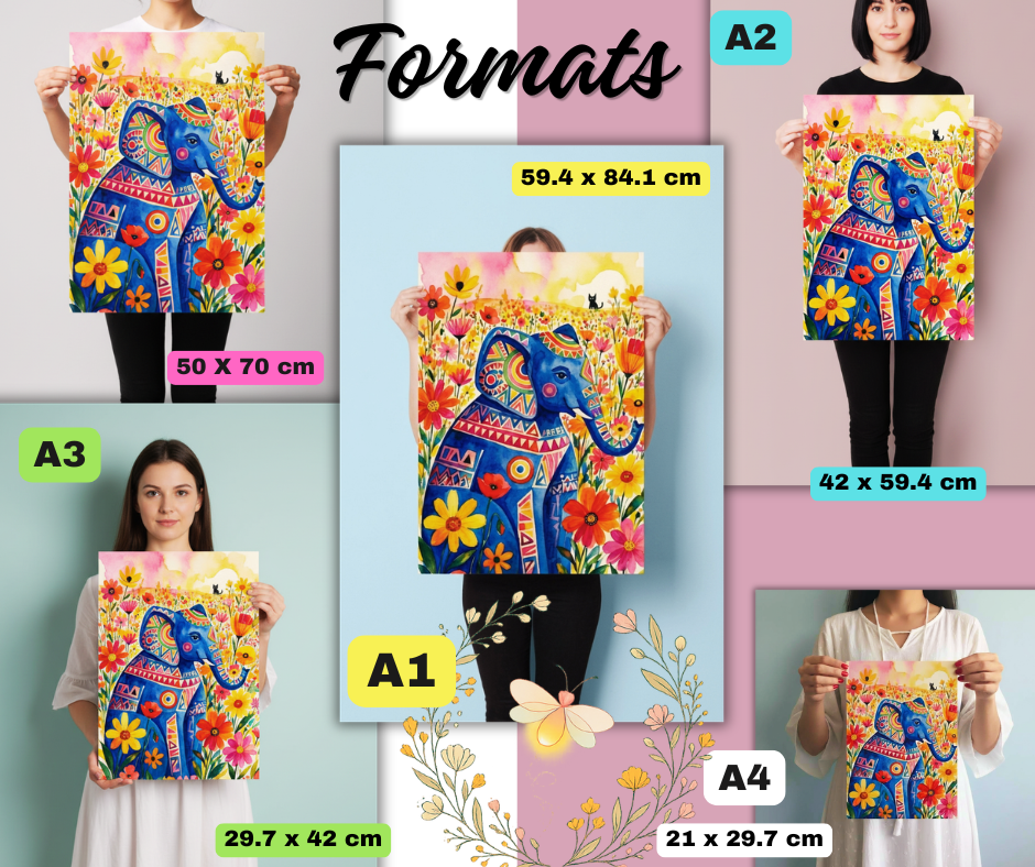 Affiche Éléphant Bleu Porte-Bonheur — Aquarelle Florale & Motifs Tribaux