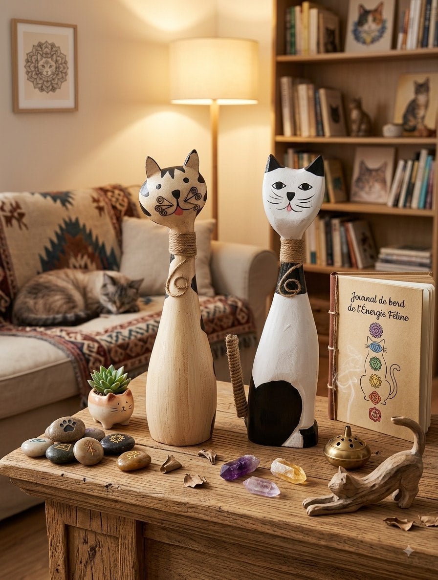 Deux figurines de chats sculptées en bois, style artisanal, une beige et une noire et blanche, sur un fond texturé marron