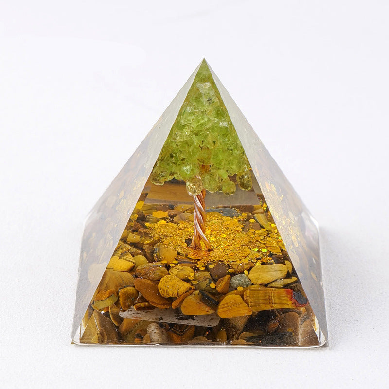 Pyramide orgonite arbre de vie – œil de tigre doré et brun, pierres solaires