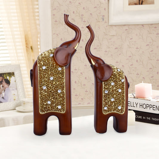 Duo statuettes éléphants marron en résine – coloris naturel chaleureux, décoration ethnique orientale