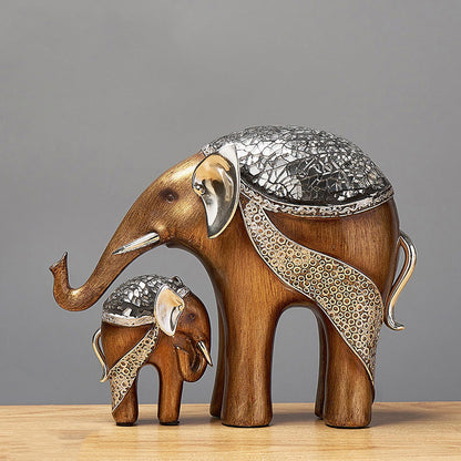 Duo statuettes éléphant mère et petit en résine effet bois et mosaïque argentée – sculpture décorative luxe, trompes levées porte-bonheur