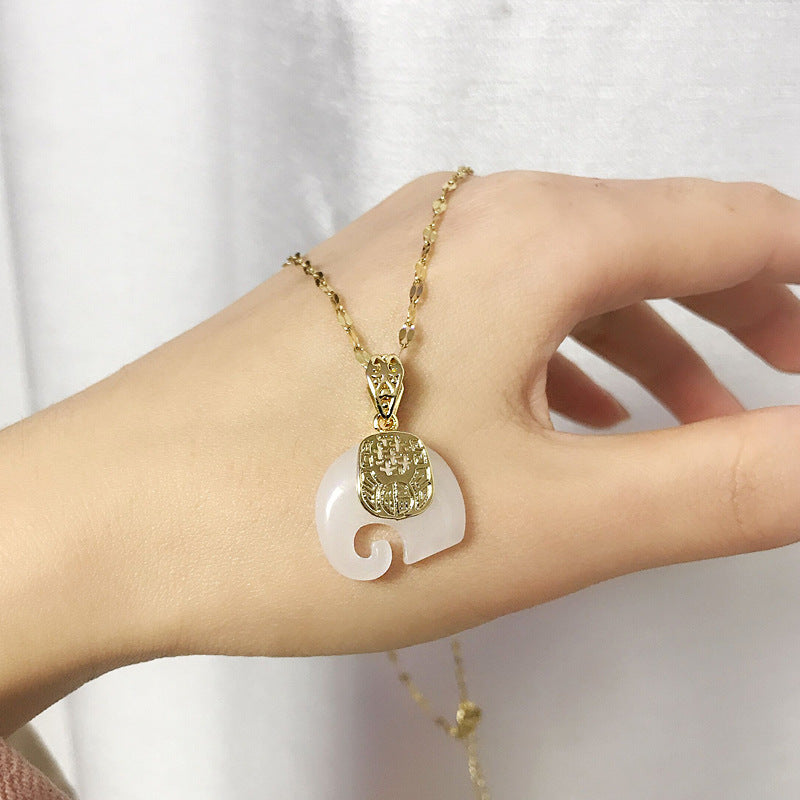 Collier éléphant jade porté sur poignet – chaîne ajustable 21-50 cm, acier titané non ternissant