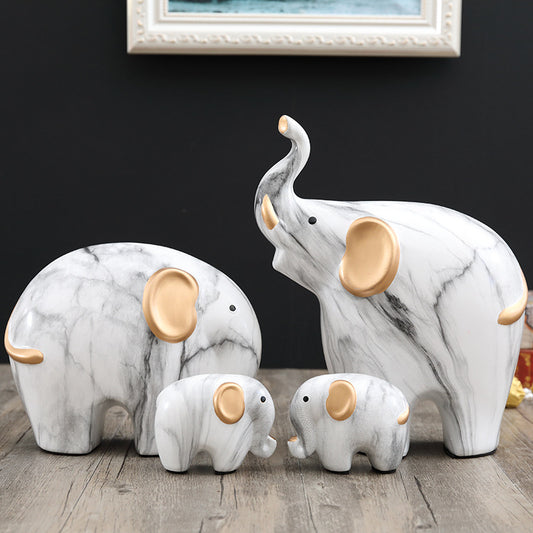 Famille 4 éléphants céramique marbre blanc finition dorée – rangement décoratif feng shui, symbole protection foyer