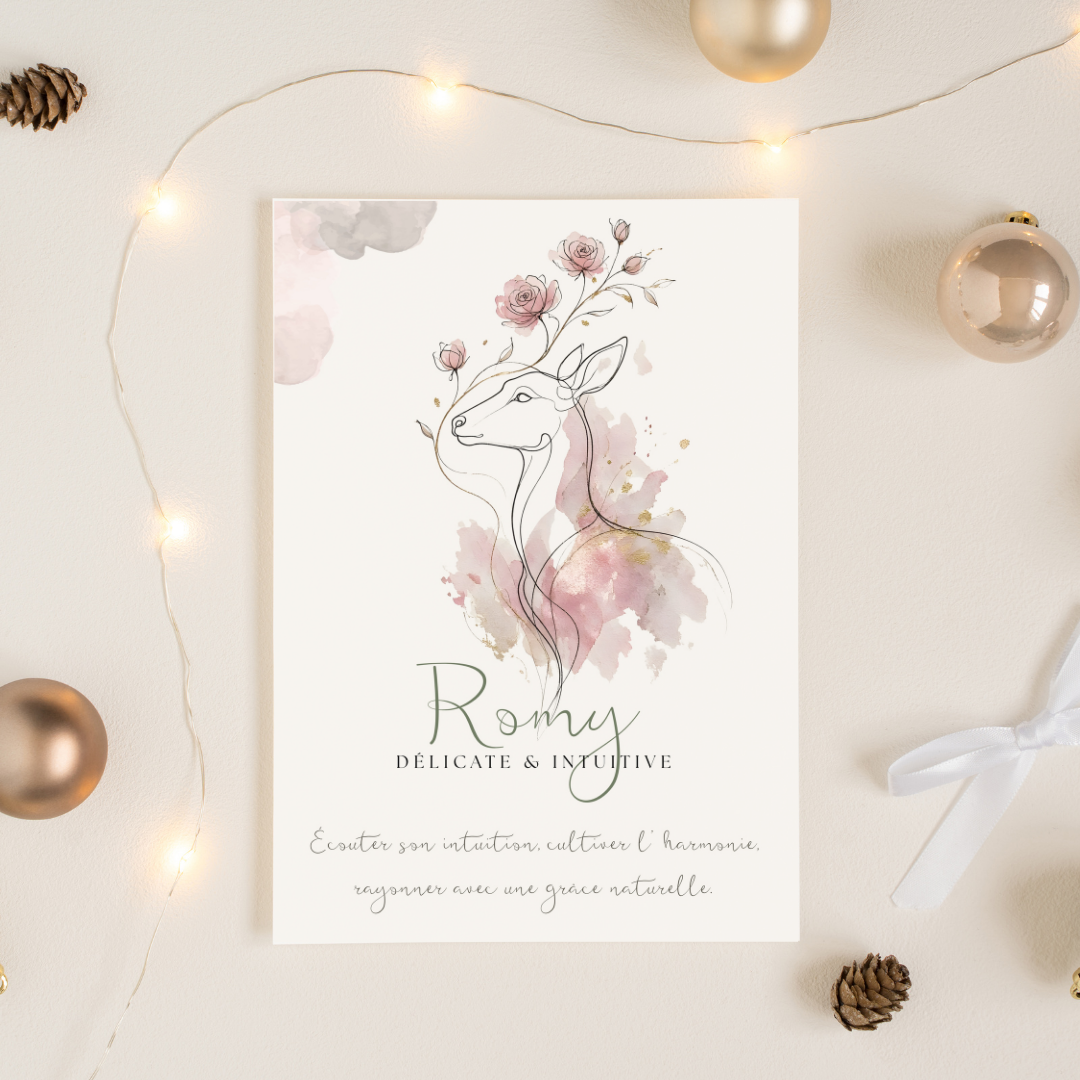 Affiche symbolique du prénom Romy – Biche fleurie
