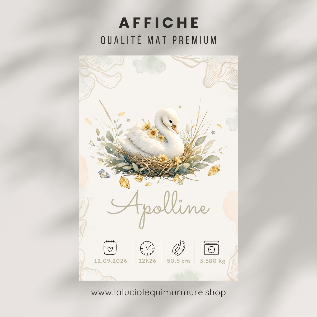 Poster de naissance Apolline personnalisé – Cygne fleuri, sans cadre