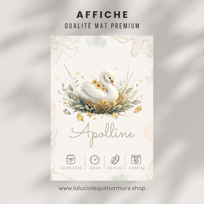 Poster de naissance Apolline personnalisé – Cygne fleuri, sans cadre