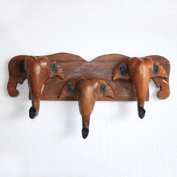 Porte-manteau éléphant bois massif vue d'ensemble – crochet sculpté symbole sagesse porte-bonheur 