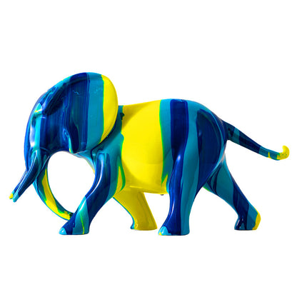 Sculpture mère éléphant résine bleu et jaune — vue de profil fond blanc, finitions laquées brillantes