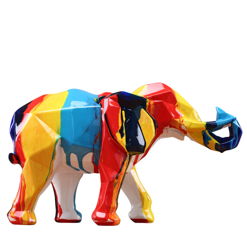 Éléphant sculpture résine splash color fond blanc — ornement décoratif unique peint à la main