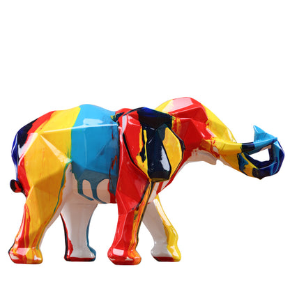 Éléphant sculpture résine splash color fond blanc — ornement décoratif unique peint à la main