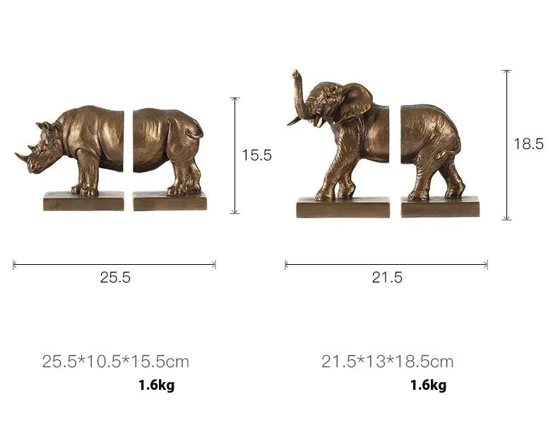 Fiche dimensions serre-livres rhinocéros et éléphant résine – rhinocéros 25,5×15,5 cm, éléphant 21,5×18,5 cm 