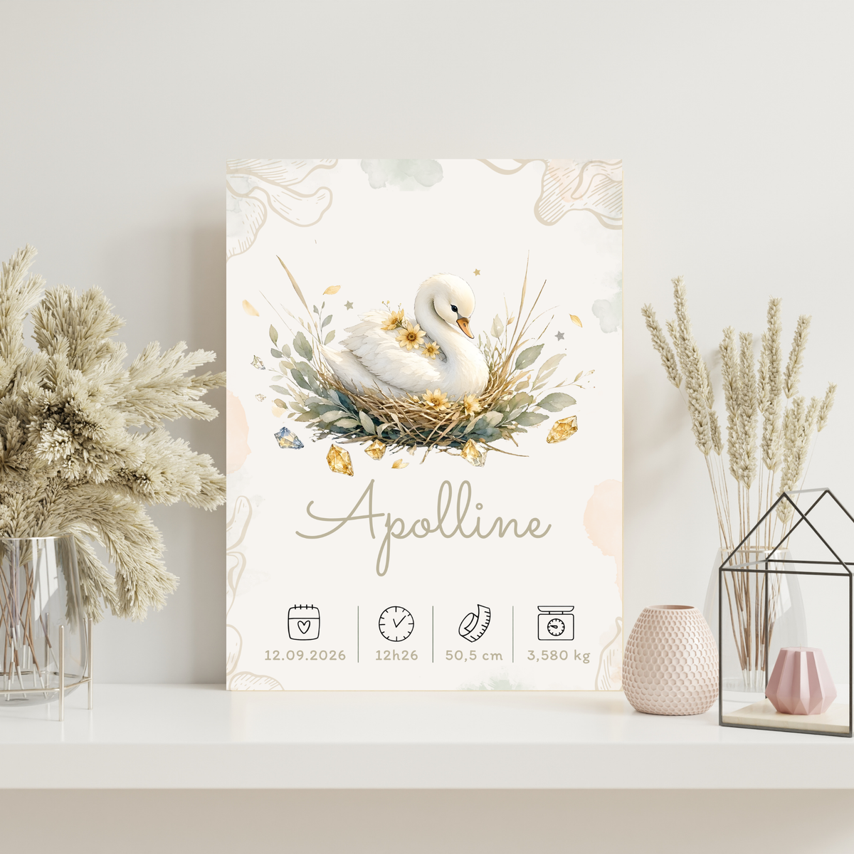 Poster de naissance Apolline personnalisé – Cygne fleuri, sans cadre