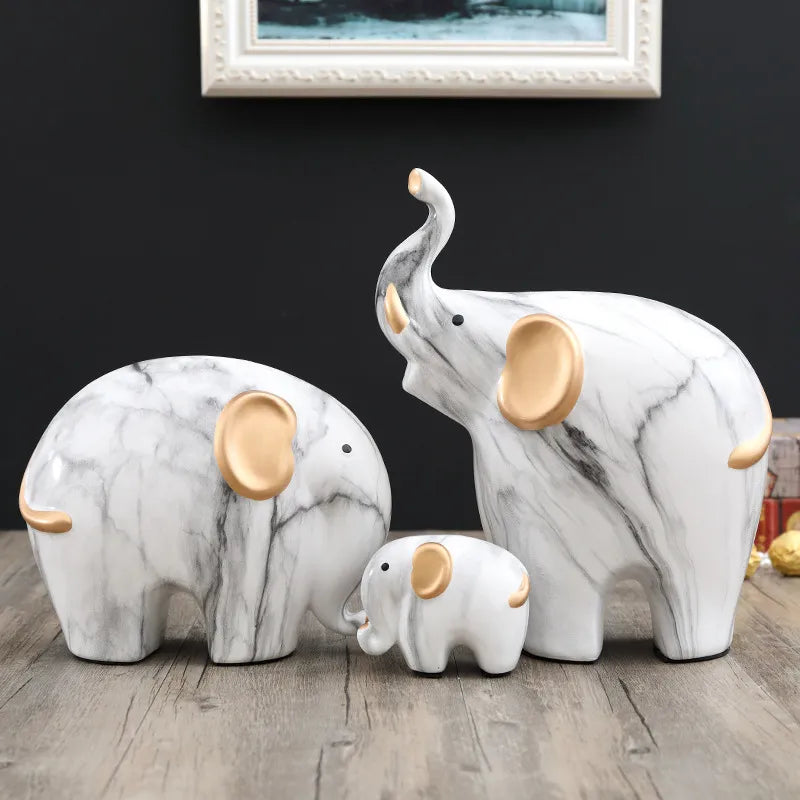 Famille 3 éléphants céramique marbre blanc finition dorée – rangement décoratif feng shui, symbole protection foyer