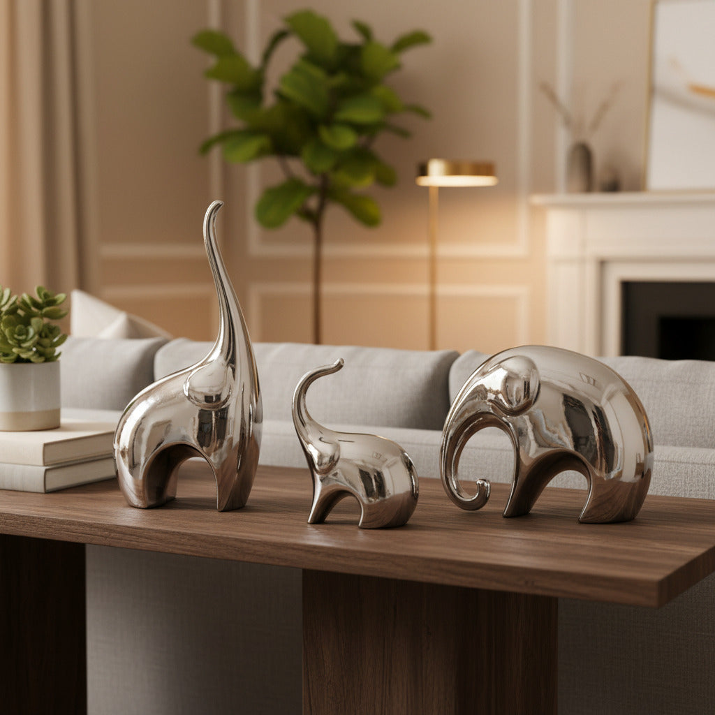 Trio éléphants céramique argent mise en situation – décoration étagère entrée, symbole protection foyer