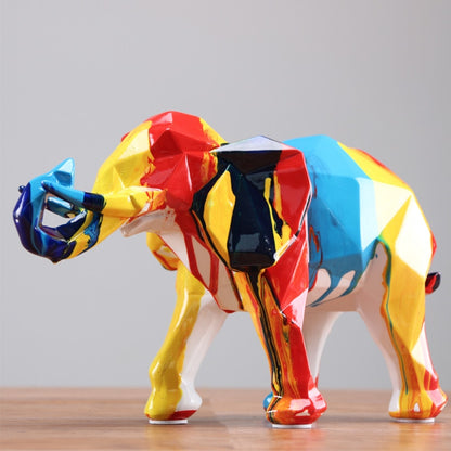 Sculpture éléphant splash color en résine multicolore — vue de profil, technique peinte à la main