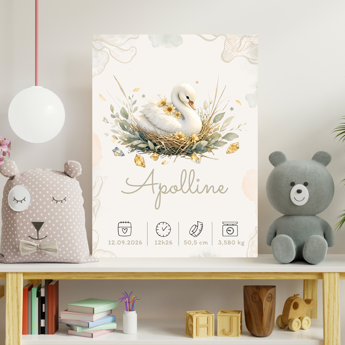 Poster de naissance Apolline personnalisé – Cygne fleuri, sans cadre