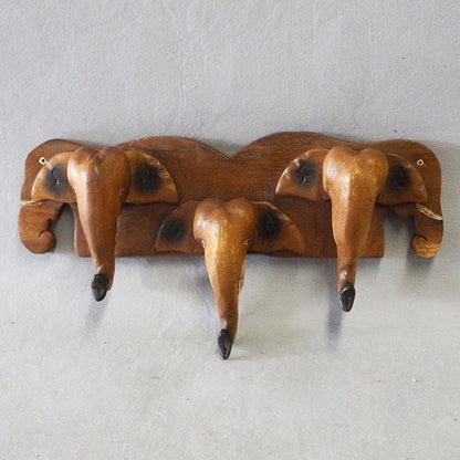 Porte-manteau mural éléphant en bois massif sculpté – vue générale, décoration entrée naturelle et élégante