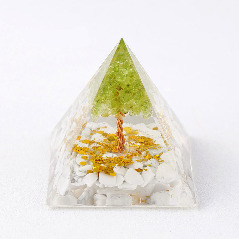 Pyramide orgonite arbre de vie – cristal blanc et doré, quartz laiteux
