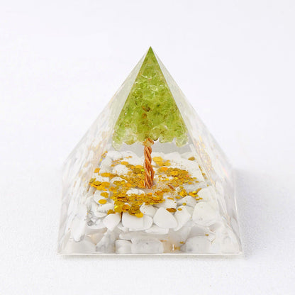 Pyramide orgonite arbre de vie – cristal blanc et doré, quartz laiteux