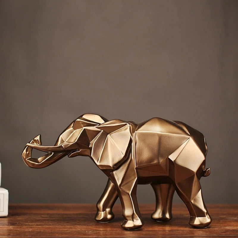 Statue éléphant doré origami – vue latérale - sculpture porte-bonheur reflets chauds