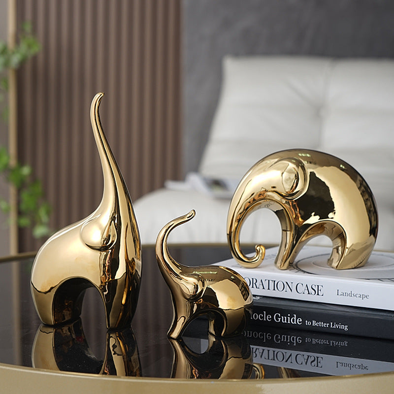 Trio éléphants céramique électroplaquée or – vue principale, set 3 figurines porte-bonheur luxe moderne