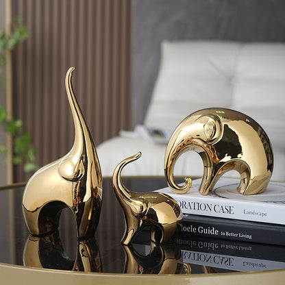 Trio éléphants céramique électroplaquée or – vue principale, set 3 figurines porte-bonheur luxe moderne
