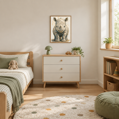Affiche bébé rhinocéros encadrée – prête à accrocher