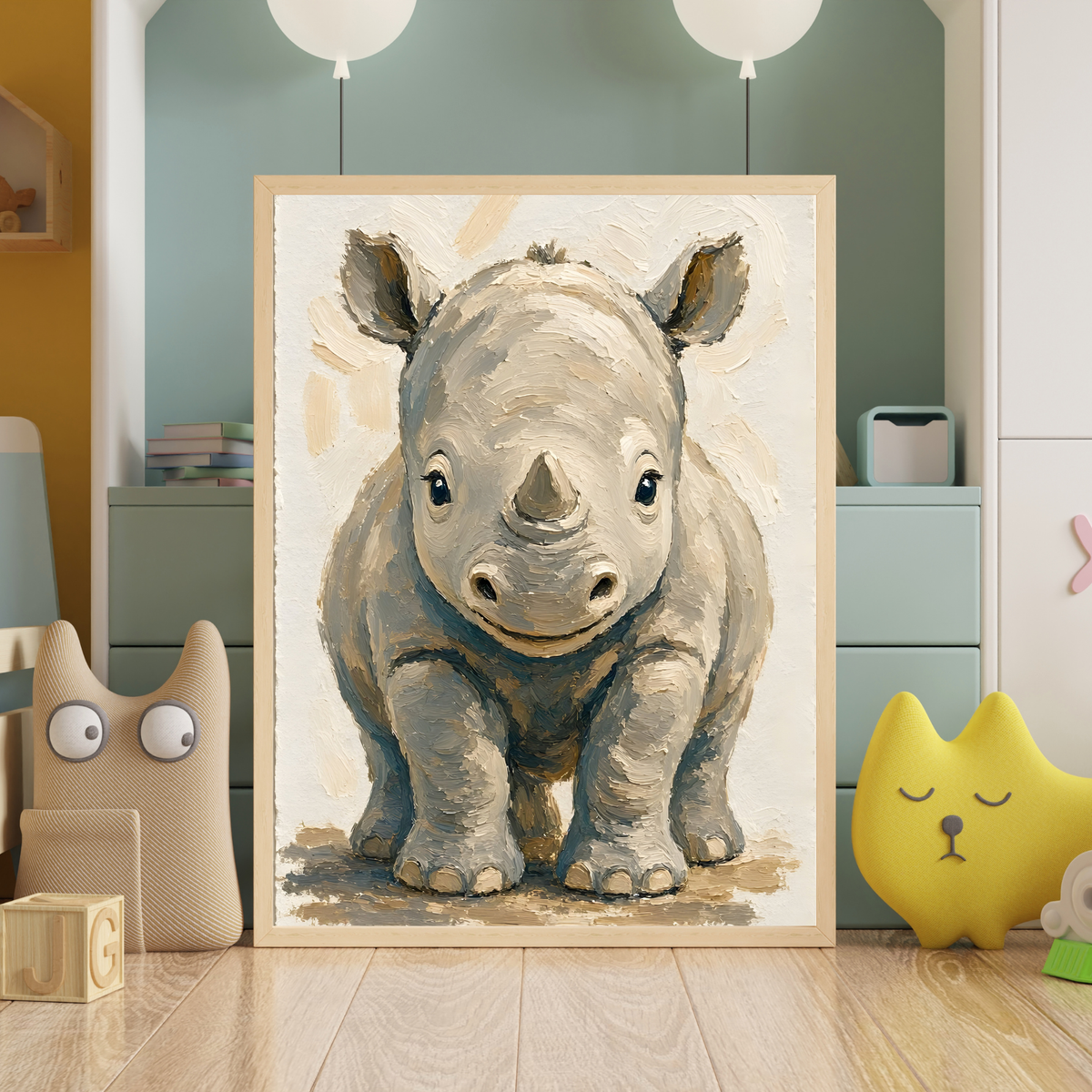 Affiche bébé rhinocéros encadrée – prête à accrocher