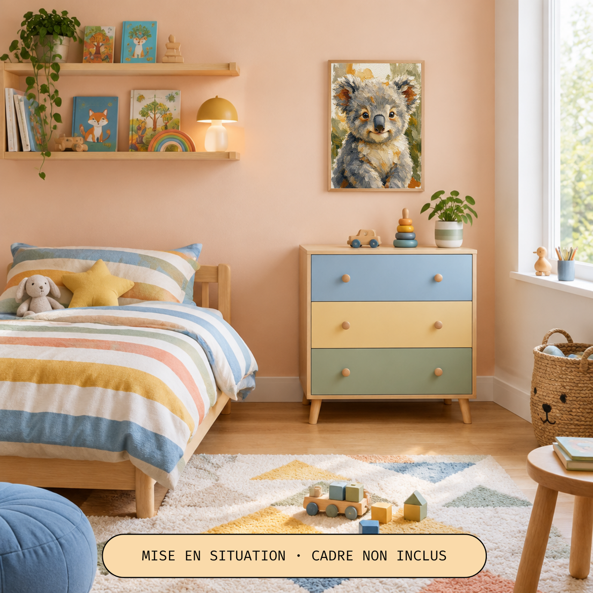 Affiche bébé koala présentée au mur dans une chambre d’enfant pastel, cadre non inclus 