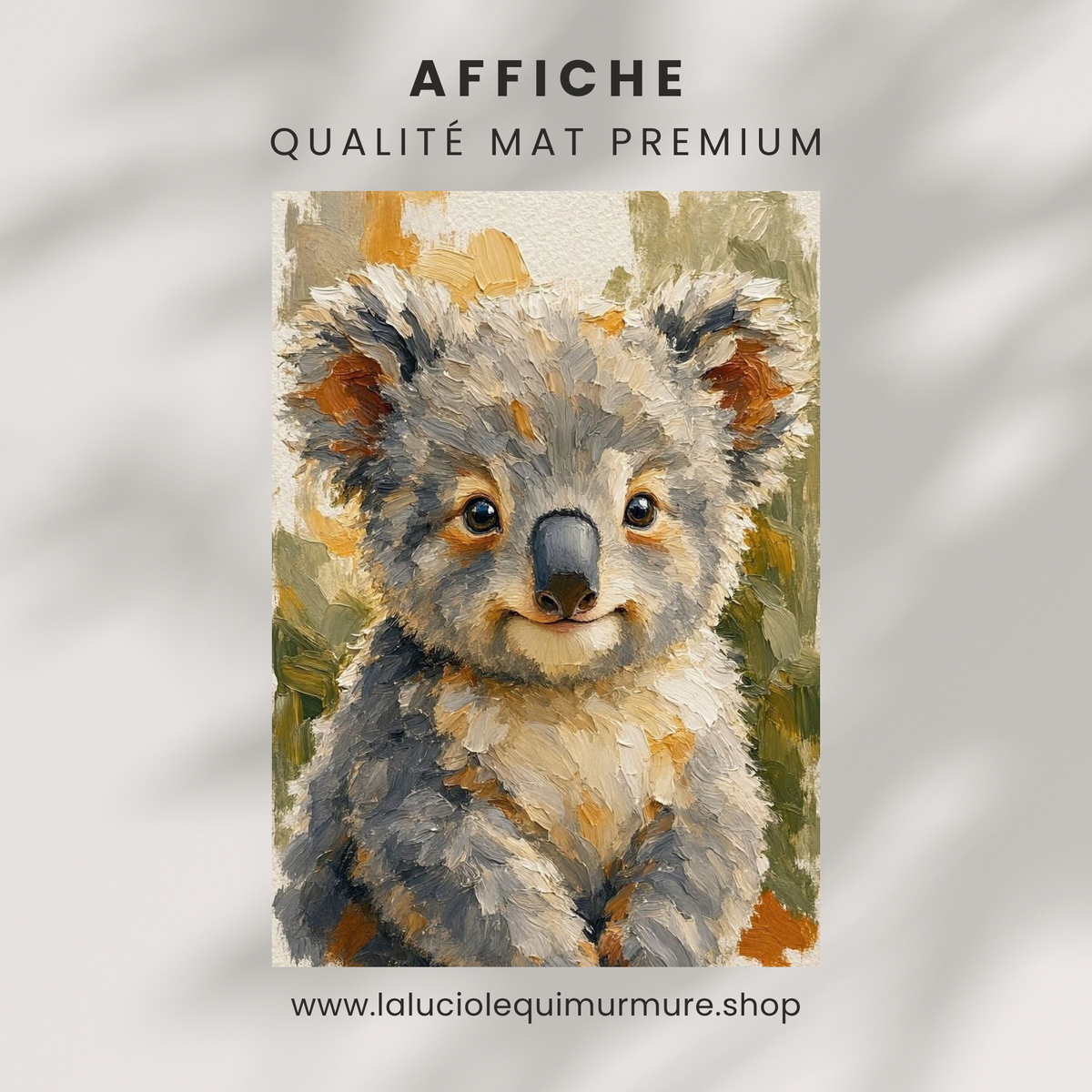 Affiche bébé koala présentée sous la mention Qualité mat premium