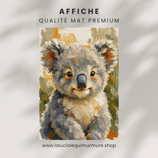 Affiche bébé koala présentée sous la mention Qualité mat premium