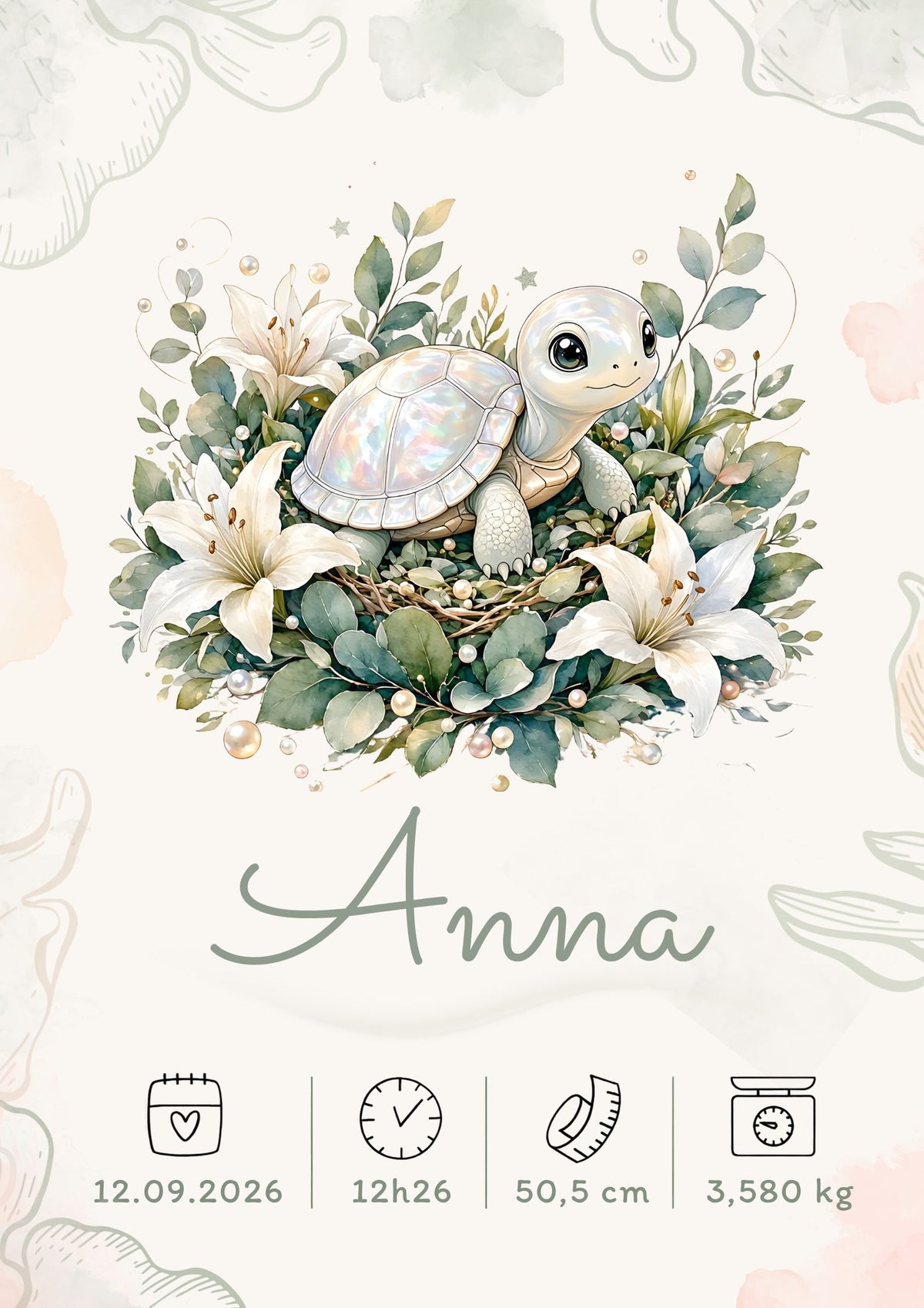 Affiche de naissance personnalisée Anna – Tortue fleurie