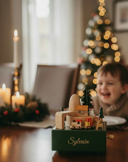 Boîte à musique en bois - village miniature à personnaliser avec le prénom - idée cadeau enfant - mon premier noel