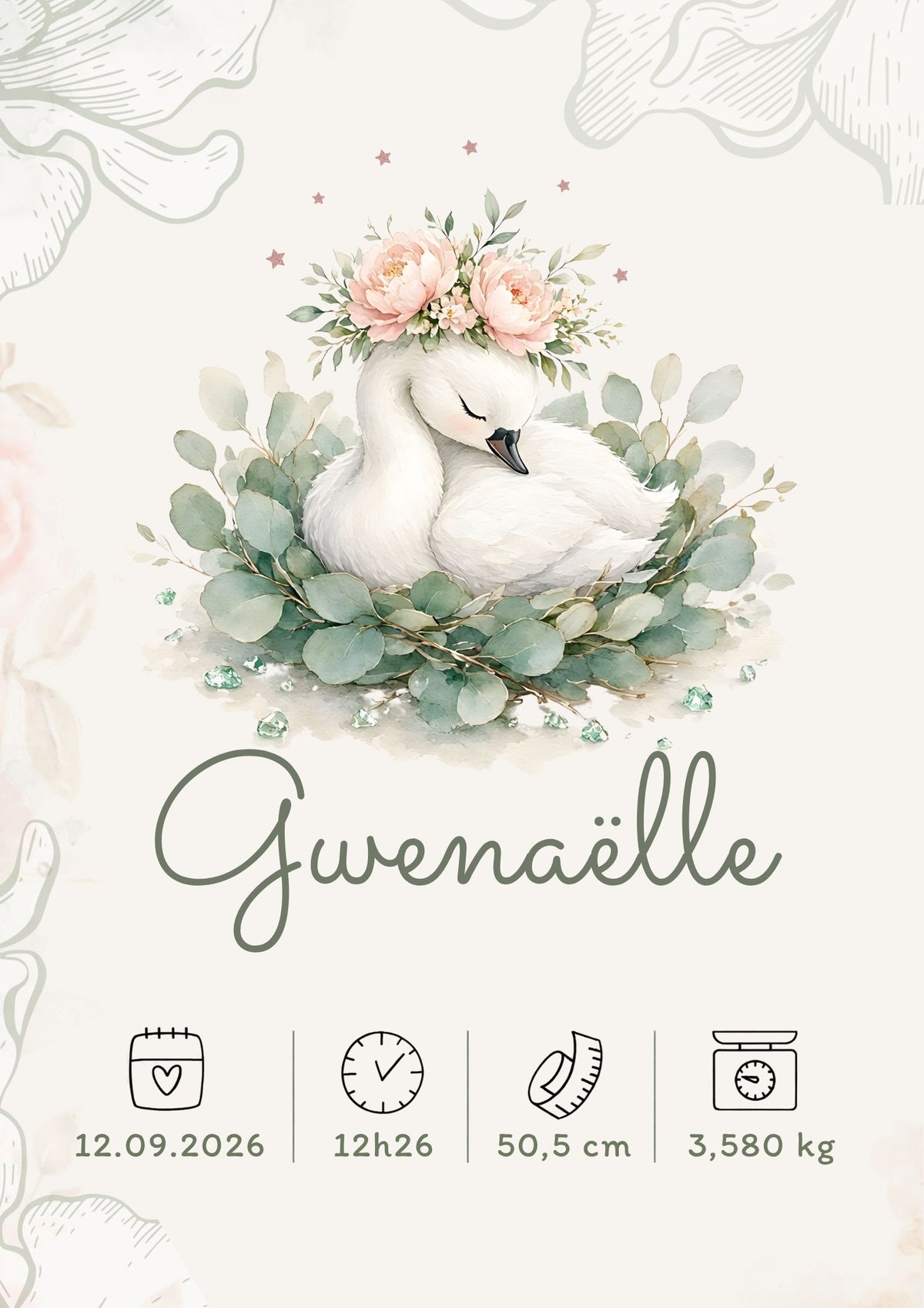 Affiche de naissance Gwenaëlle – Cygne fleuri personnalisé
