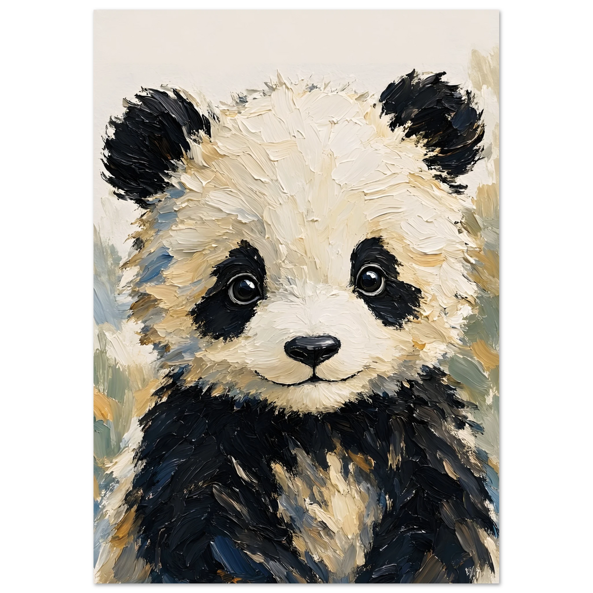 Portrait de bébé panda de face, oreilles noires et pelage crème