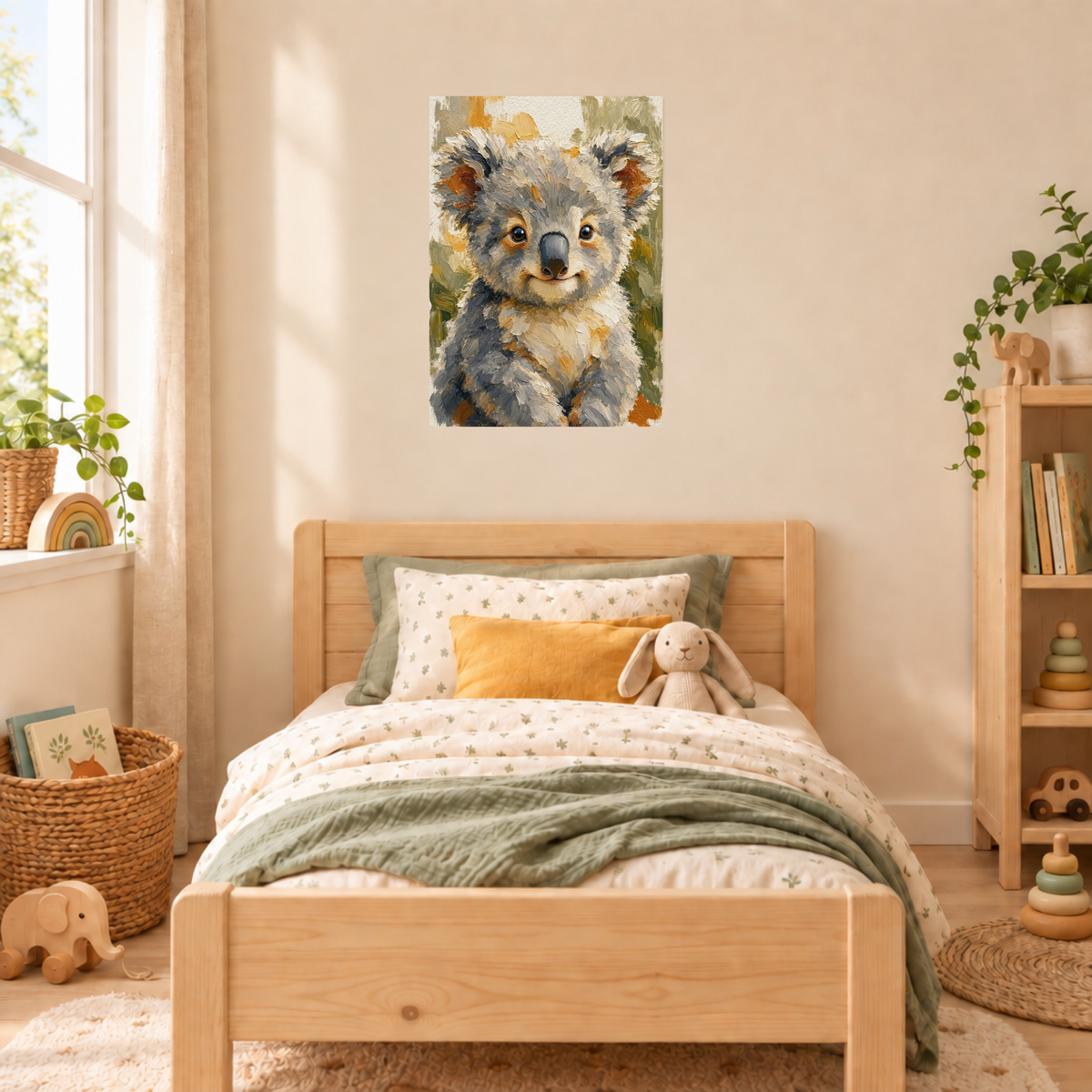 Poster bébé koala sans cadre affiché au-dessus d’un lit d’enfant en bois