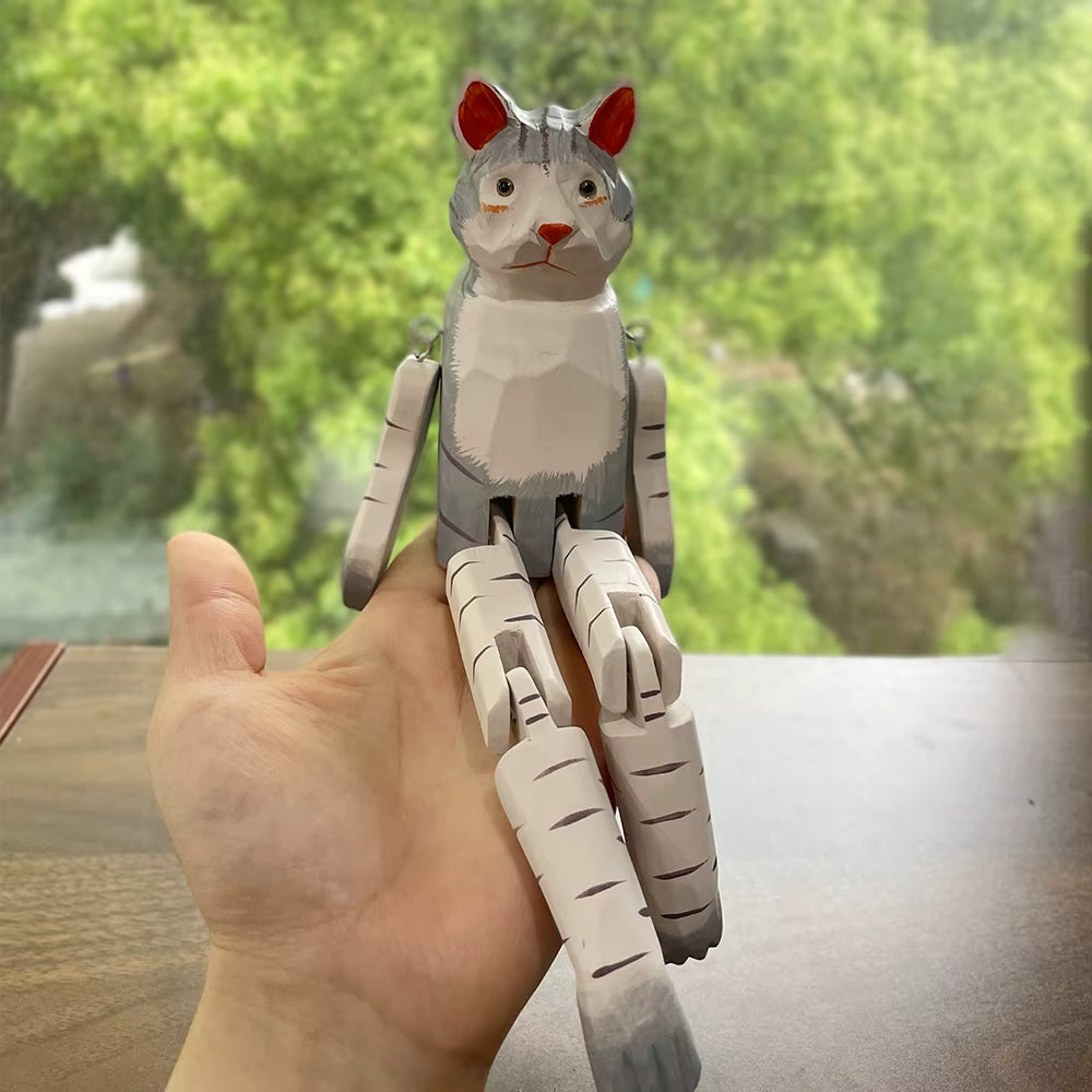 Chat Gris et Blanc Articulé en Bois – Figurine Gardien d'Étagère Sculptée à la Main