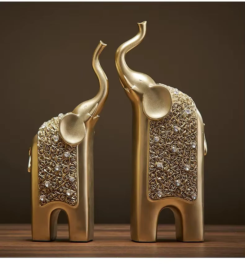 Duo statuettes éléphants doré et blanc en résine – finition lumière élégante, cadeau symbolique couple