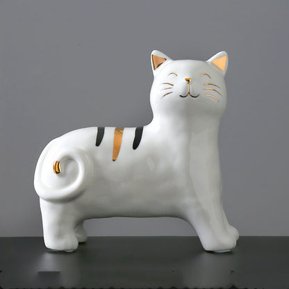Statue chat a 4 pattes en céramique blanc et or heureux