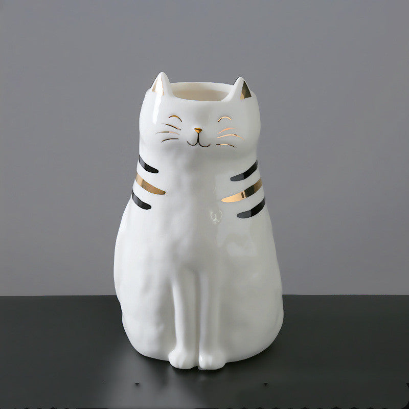 Statue chat debout en céramique blanc et or - vue de face
