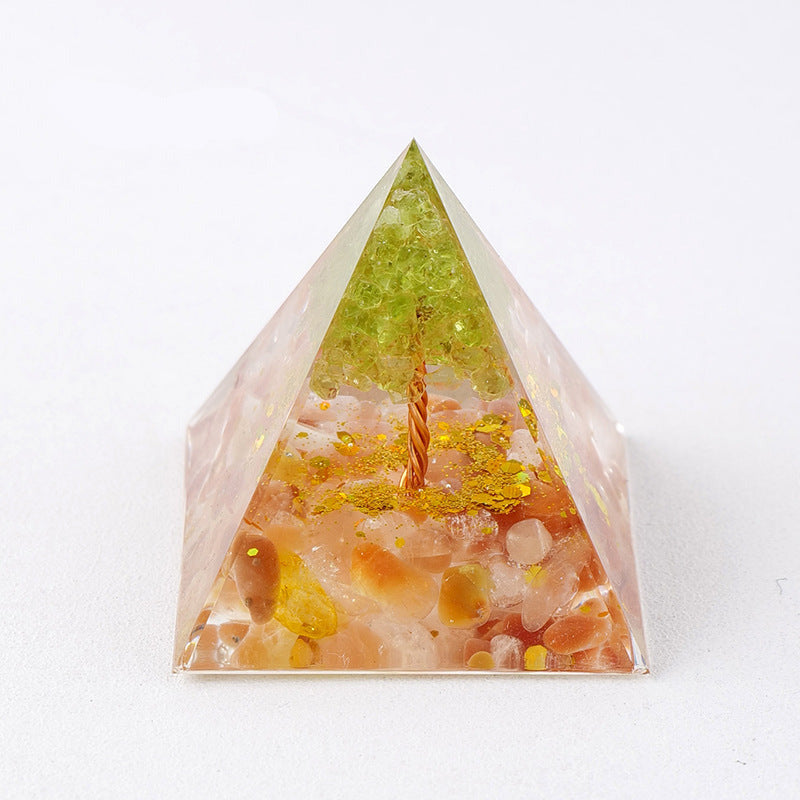 Pyramide orgonite arbre de vie – pierres orangées et dorées, œil de tigre
