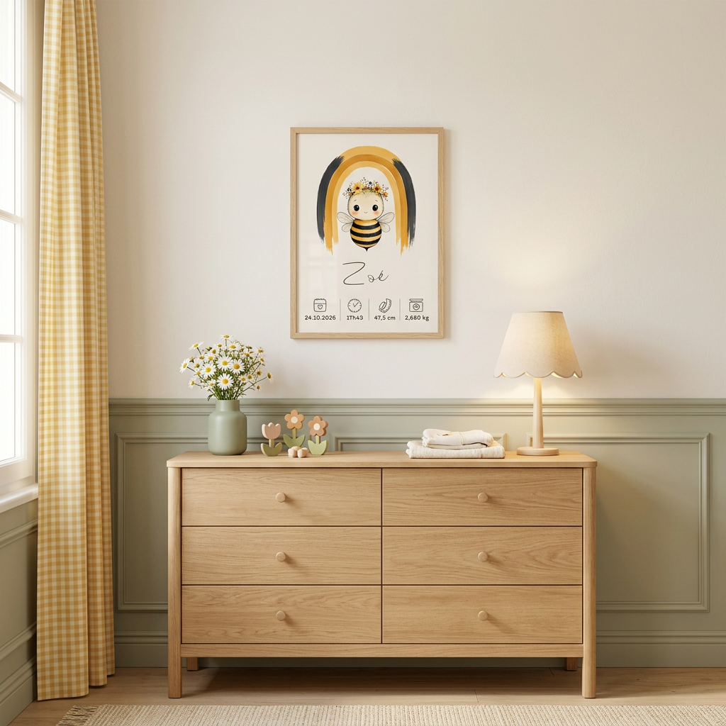 Abeille Zoé dans un petit cadre bois clair accroché au mur, décoration miel, sauge et crème